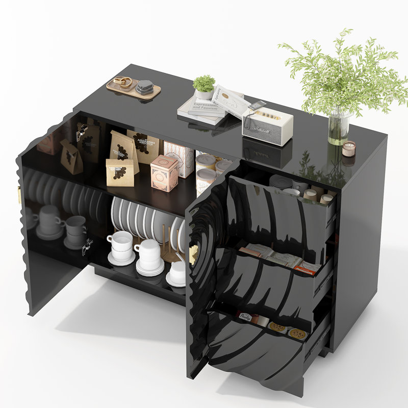 Buffet 47,2 "de large avec 2 portes et 3 tiroirs, tablettes réglables, Noir