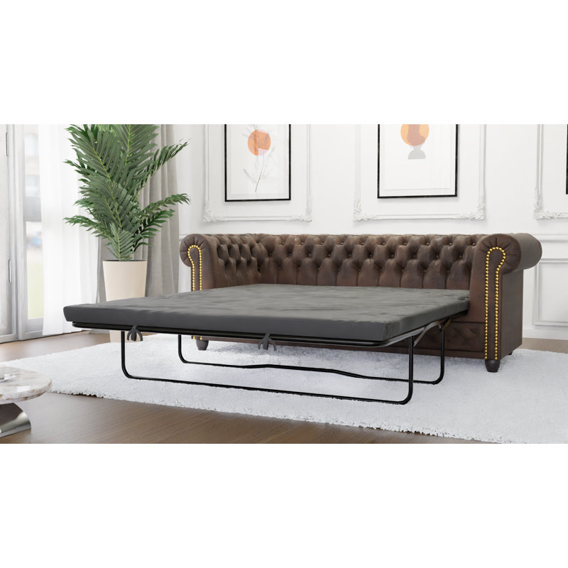 Chesterfield Friedrich 3 Seater Sofa with Sleeping Function Made of Vintage Look Microfibre with Solid Wood Legs, Dark Brown