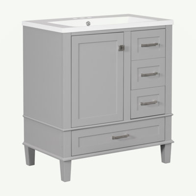 Meuble-lavabo moderne de 30 po avec ensemble de meuble-lavabo 30 po, armoire de rangement pour salle de bain avec porte à fermeture douce et 3 tiroirs, structure en bois massif [Bassin en résine]