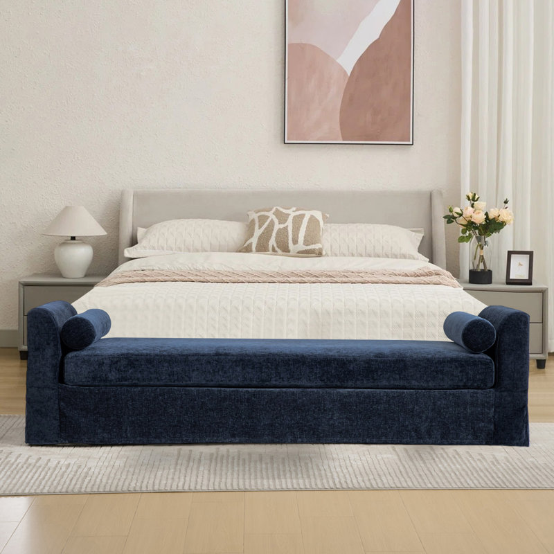 90.6"W Chenille Upholstered End of Bed Bench with 2 Bolster Pillows, Navy