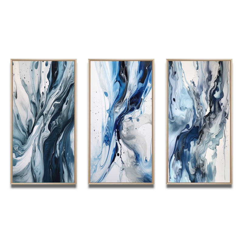 Bleu et gris Elixir éthéré II - ensemble d'art abstrait de 3 pièces, H 40 po x l 60 po, Cadre naturel flottant
