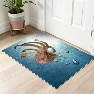 Blue Machine Washable,Tentacles Octopus Light Underwater Sea Ocean Water Deep Marine Waves Indoor Area Rug