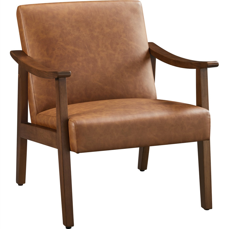 Asmat 24.5" W Mid-Century Modern Faux Leather Armchair with Solid Wood Legs, Brown