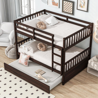 Full Over Full Rubber Wood Bunk Bed With Trundle, Ladder And Guardrails, Convertible To 2 Full Size Beds, With Twin Size Trundle, Espresso