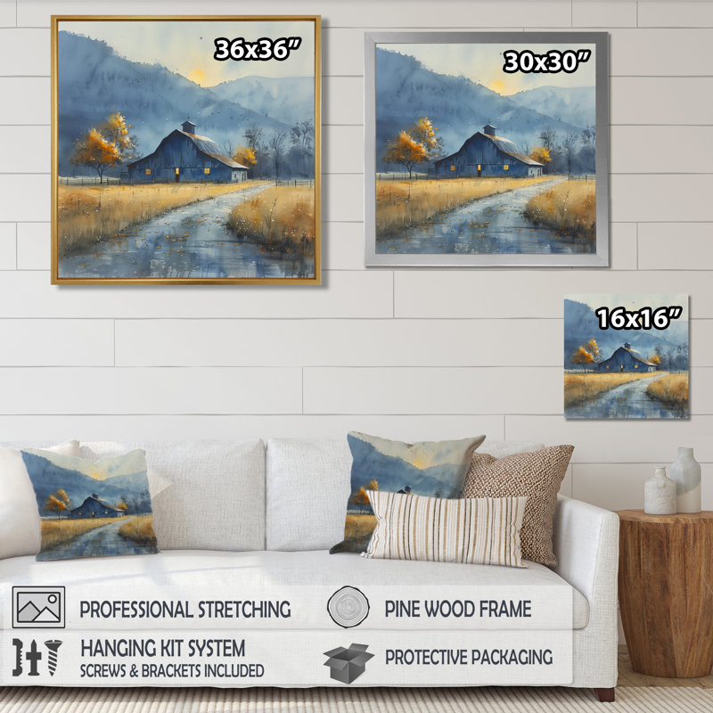 «Yellow Autumn Barn Golden Hour II - Barn Wall Art Living Room», Toile encadrée noire simple, H 30 po x l 30 po x P 1 po