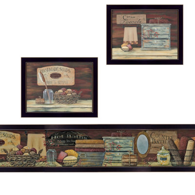 "Country Bath 1", art mural encadré 3 pièces pour salon, maison, par Pam Britton