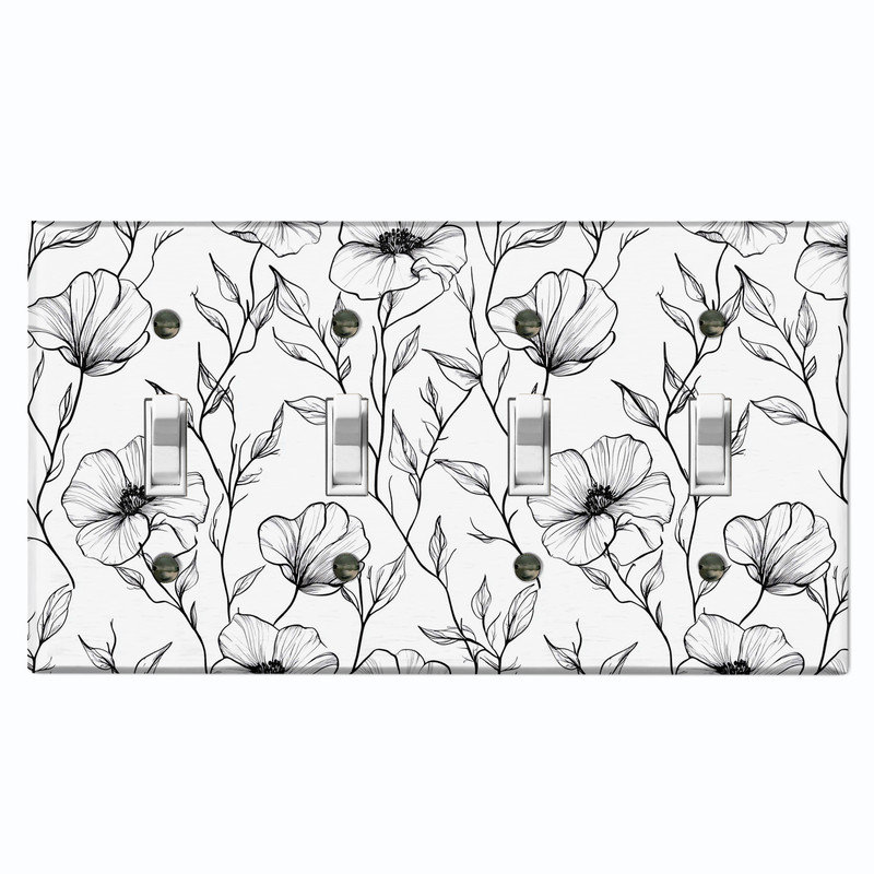 Couvercle de plaque d'interrupteur en métal; Bascule à 4 bandes US standard - Croquis élégant de fleurs sauvages