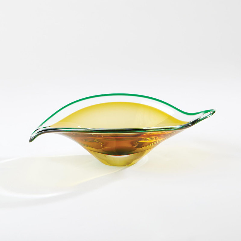 Glass Decorative Bowl, 4" H x 14.25" W x 9.5" D, Aqua/Amber