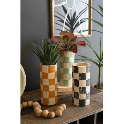  Ensemble de trois vases cylindriques à carreaux en argile de 12 po