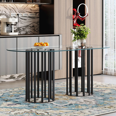 Table de salle à manger ovale en verre trempé, double colonne noire de style luxueux, résistante aux égratignures et facile à nettoyer, convient pour 6 à 8 personnes, table de restaurant moderne de luxe légère, 71 pouces