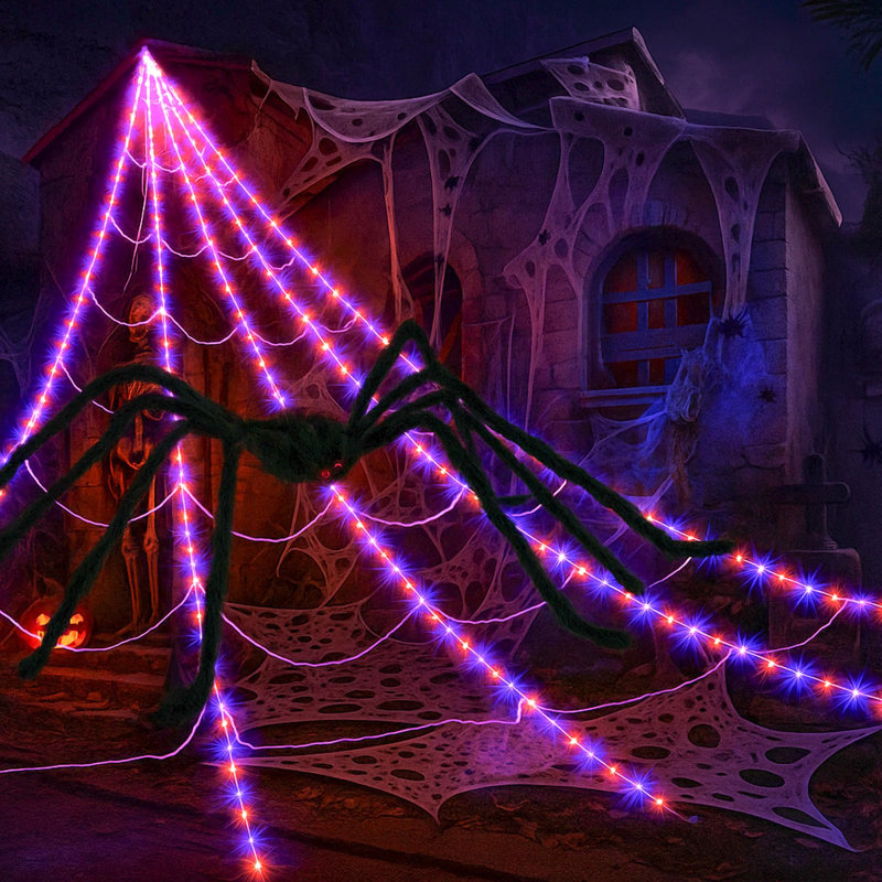 250-Light LED Halloween 150cm Spider Web with 8 Lighting Modes Plush Spider with Remote Control for Indoor or Outdoor Decoration