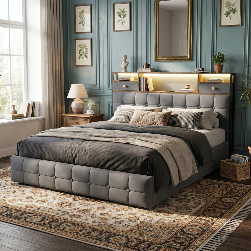 Velvet Ottoman Bed with RGB LED & Charging Station, Tufted Storage Headboard with Drawers, Beige/Grey, EU Double & King Size 140/160x200cm