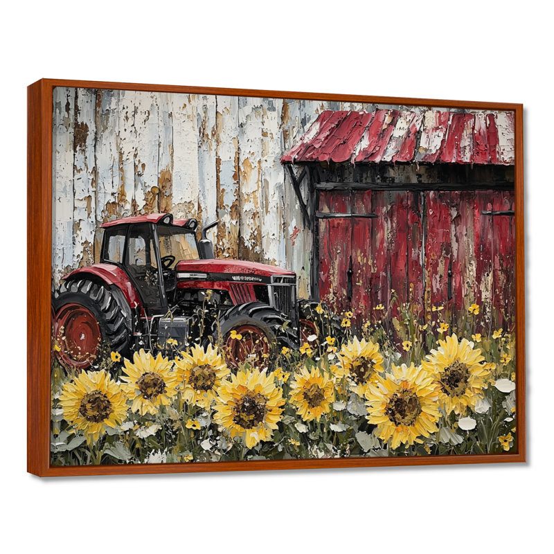 Dorukan Country Side Sunflowers With Tractor Farm II - ferme, art mural, H 12 po x l 20 po, Impression encadrée flottante