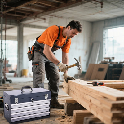 Boîte à outils portable en métal de 53 cm (21 pouces) avec 4 tiroirs, glissières à roulement à billes, rembourrage pour outils, doublures robustes, système de verrouillage et coulisses pour une utilisation efficace.