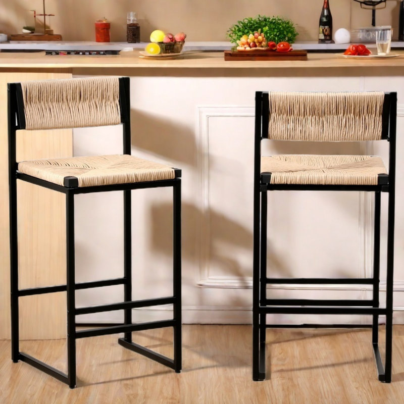 Sansoucy Of 2 Bar Stools Paper Rope Weave Dining Chairs And Metal Frame, Honey