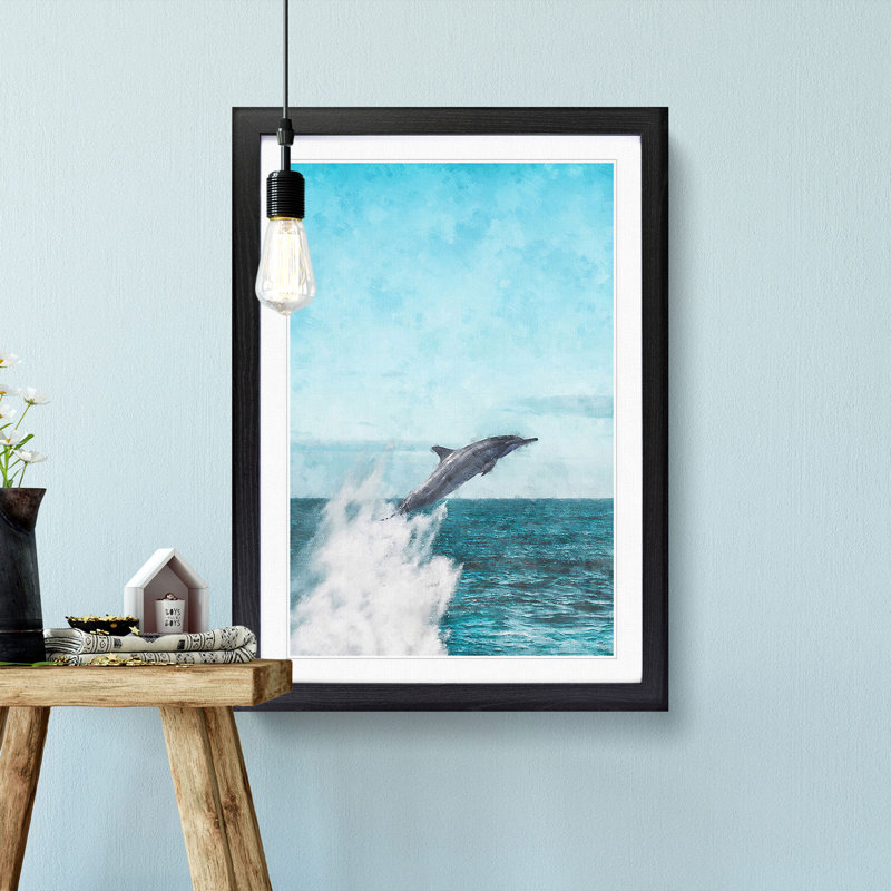 Jumping Dolphin - Single Picture Frame Painting on MDF, Black Framed, 87cm H x 62cm W x 2cm D