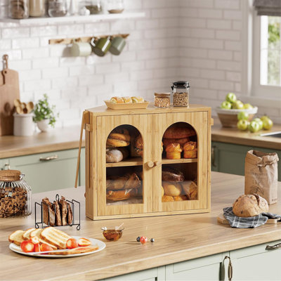 Farmhouse 2-Tier Bamboo Corner Bread Bin - Large Capacity Kitchen Countertop Organizer (Natural)