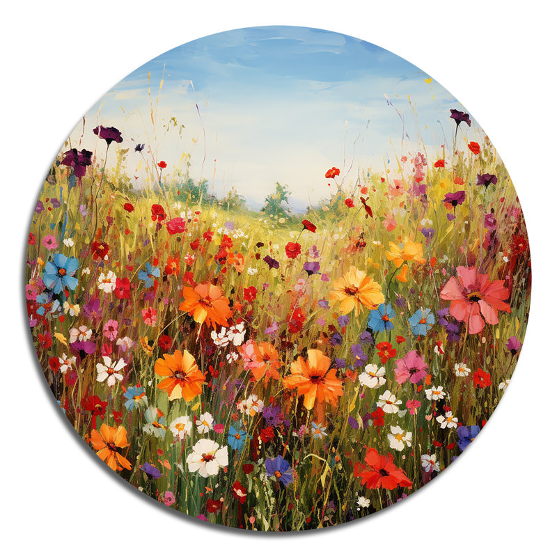 Fleurs colorées de prairies fleuries I - Art floral rond en métal, H 23 po x l 23 po
