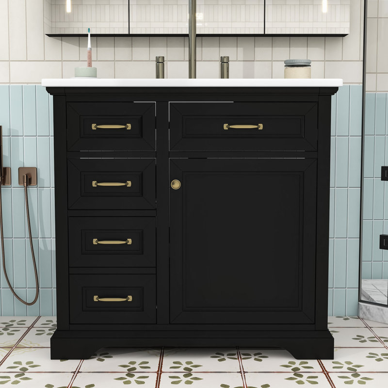 Meuble-lavabo autoportant avec lavabo en céramique, 4 tiroirs et tablette réglable, Noir