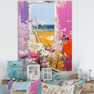 Rose et jaune, fenêtres florales, vue brise I - prairie, art mural