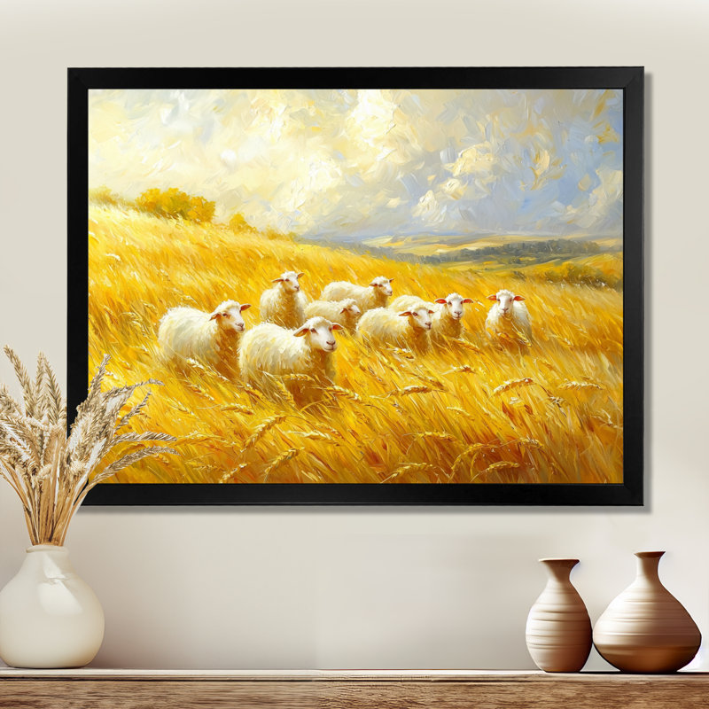Golden Fields of Sheep I - Sheep, art mural, H 30 po x l 40 po, Reproduction d'une seule photo avec cadre, Noir