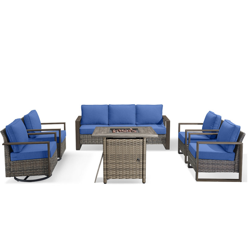 Palomares 6-Piece Outdoor Conversation Set With Swivel Gliders And Square Fire Pit Table, 7-Person Wicker Patio Seating With Armchairs