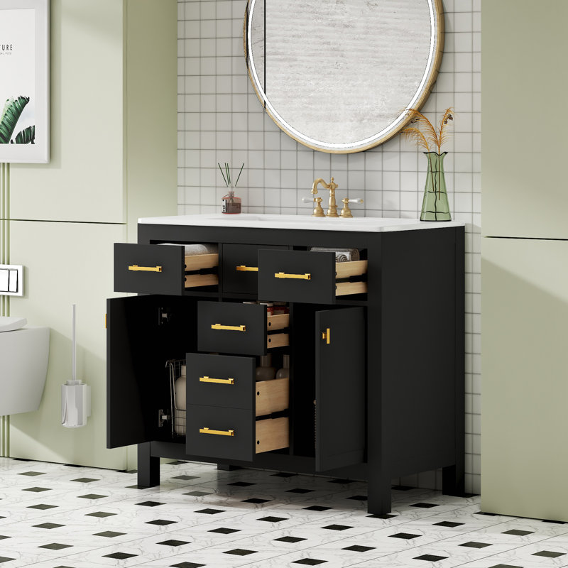 Ensemble de meuble-lavabo 36 po avec lavabo en céramique, armoire de salle de bain moderne autoportante simple avec 4 tiroirs et 2 armoires, meuble de rangement pour la salle de bain, ensemble de meuble-lavabo avec cadre en bois massif, noir