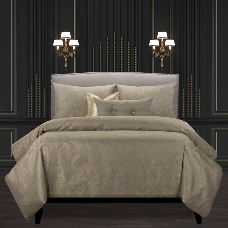 Jazz Club Shimmering Luxury Duvet Cover and Insert Set, Bronze, Cal King Duvet Cover + 2 Throw Pillows + 2 Shams