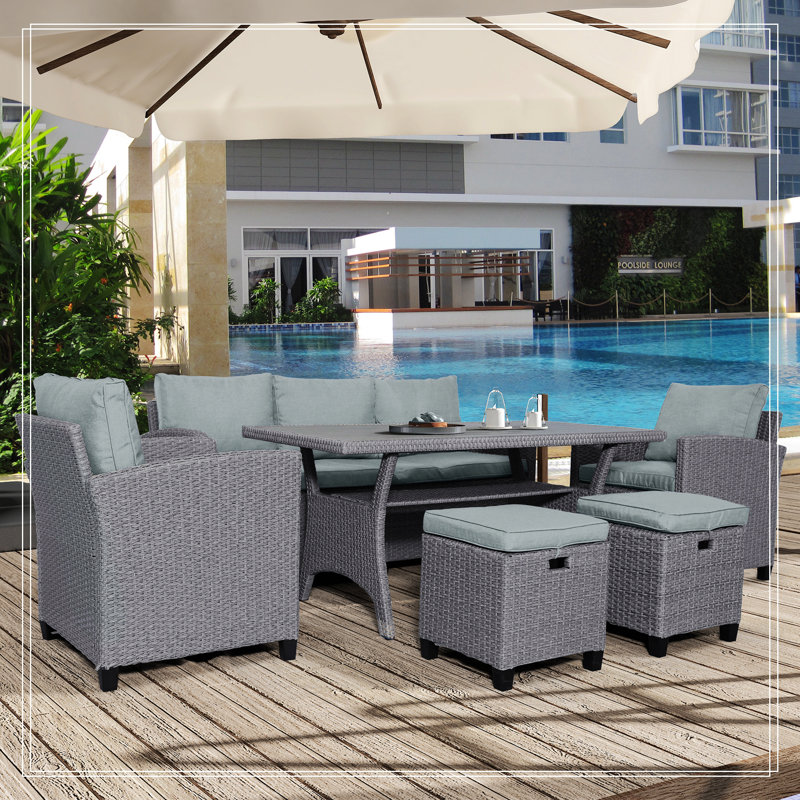 Ensemble de salle à manger modulaire en rotin avec coussins 6 pièces Anthwan, Gris, Gris clair