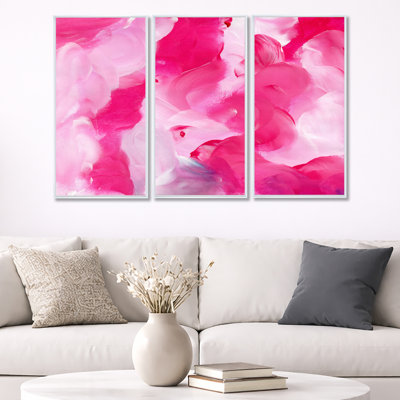 Fuchsia et nuages liquides roses - ensemble d'art mural sur toile moderne encadré de 3