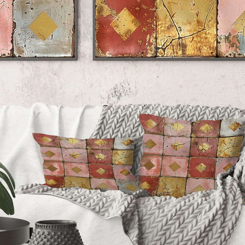 Carreau rustique rose et doré I - Coussin Farmhouse, H 12 po x l 20 po, Forme rectangulaire