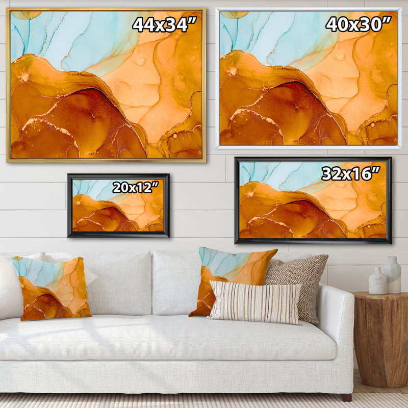 «Blue and Brown Luxury Abstract Fluid VI», peinture sur toile, H 34 po x l 44 po x P 1,5 po, Cadre flottant en érable