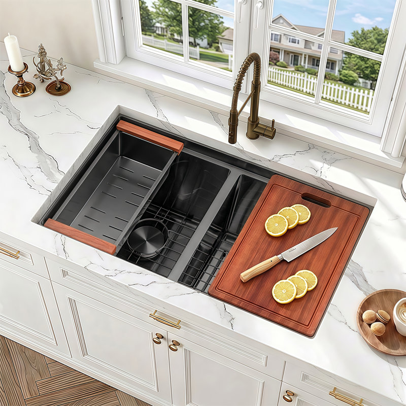 30'' L X 18'' W Double Basin Workstatiom Sink Stainless Stain Undermount Kitchen Sink, Black