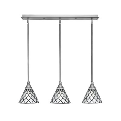 3 Light Stem Hung Linear Pendalier Shown In Brushed Nickel Finish With 7" Diamond Ice Art Glass