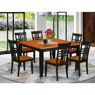 Square Black and Cherry Finish Solid Wood Top Dining Table with Chairs with Lattice Back