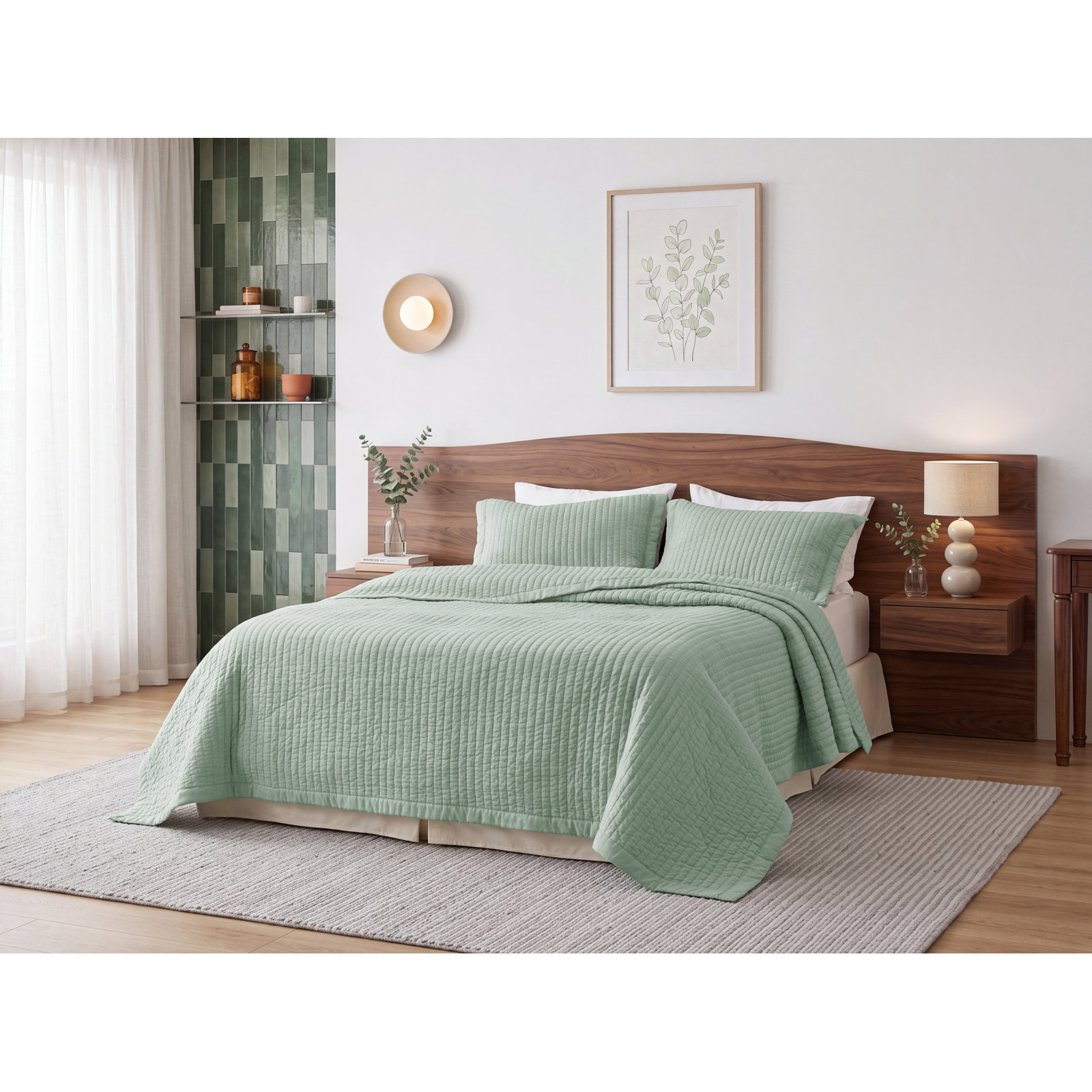  Quilts - Soft Lightweight Quilted Bedspread Coverlet with Contrast Stitching, Queen Quilt + 2 Shams, Iceberg Green