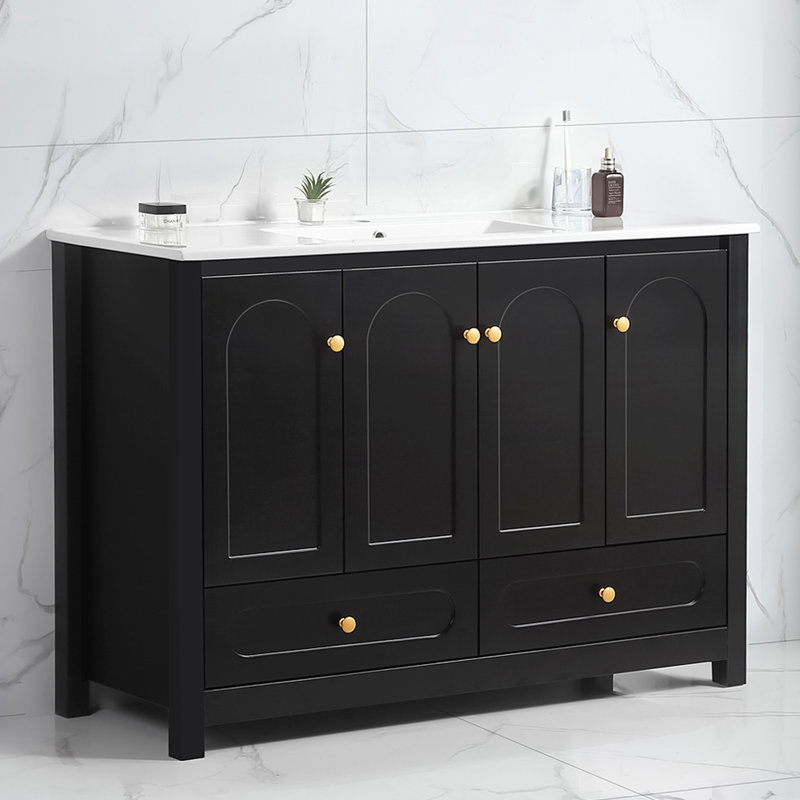 Meuble-lavabo noir 48 po avec lavabo en céramique intégré, 4 portes à fermeture douce et 2 tiroirs de rangement, bois massif pour un style sophistiqué, tiroirs à fonctionnement silencieux, armoire à cadre, conception simple