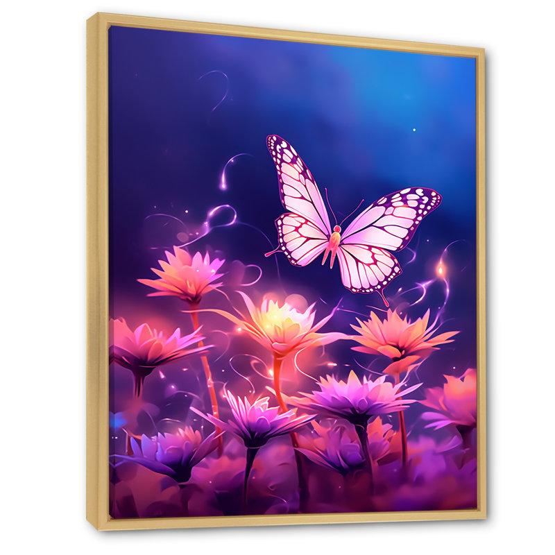 Magnifique coucher de soleil papillon rose I, H 44 po x l 34 po, Cadre naturel flottant