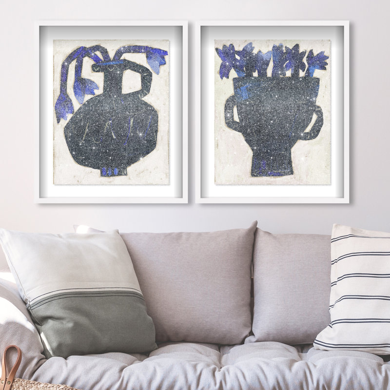 Indigo Vases Set Shadowbox Floral & Botanical Print by Oliver Gal, Black Frame, 16 x 20, 51"H x 43"W, White Shadowbox