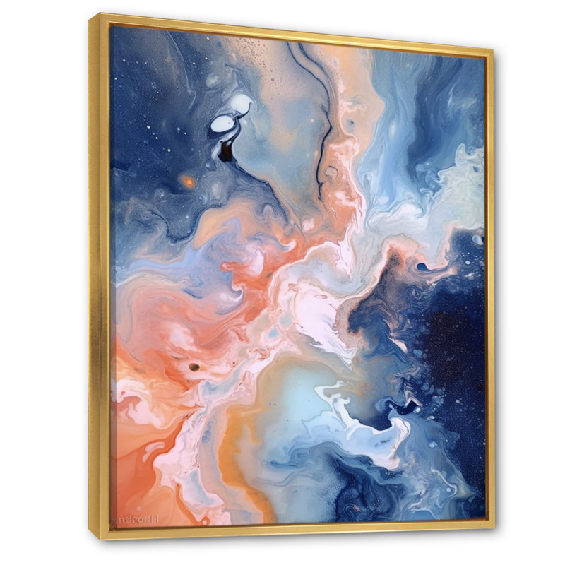 Nuage de marbre bleu et beige VI - impression, Cadre flottant doré, H 32 po x l 24 po x P 1 po