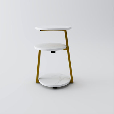 Petite table d'appoint ronde avec rangement à 3 niveaux - table de bout en or blanc, table de chevet à structure métallique robuste, table basse compacte pour le salon de la chambre à coucher