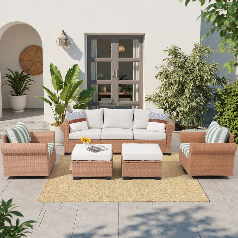 Ensemble de conversation en osier pour 7 personnes avec chaises pivotantes et coussins