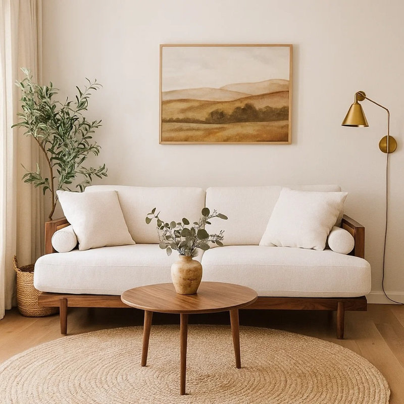 Causeuse Senu, 2 coussins, coussin beige, rotin brun noyer 65 po, Noyer brun