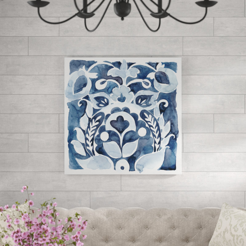 «Indigo Ornament II», peinture sur toile tendue, H 36 po x l 36 po