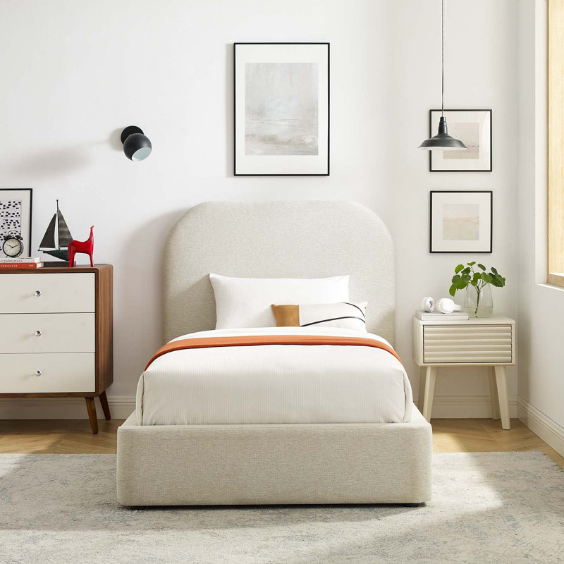 Keynote Upholstered Fabric Curved Platform Bed, Twin, Heathered Weave Ivory