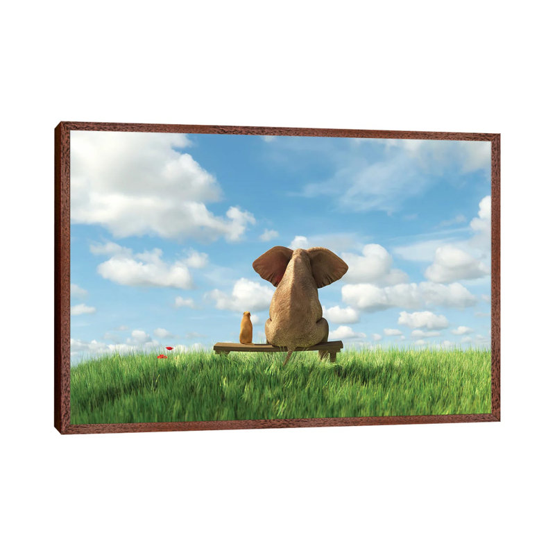 Elephant And Dog Sit On A Green Field by Mike Kiev - Print on Canvas, Classic Brown Wood Framed