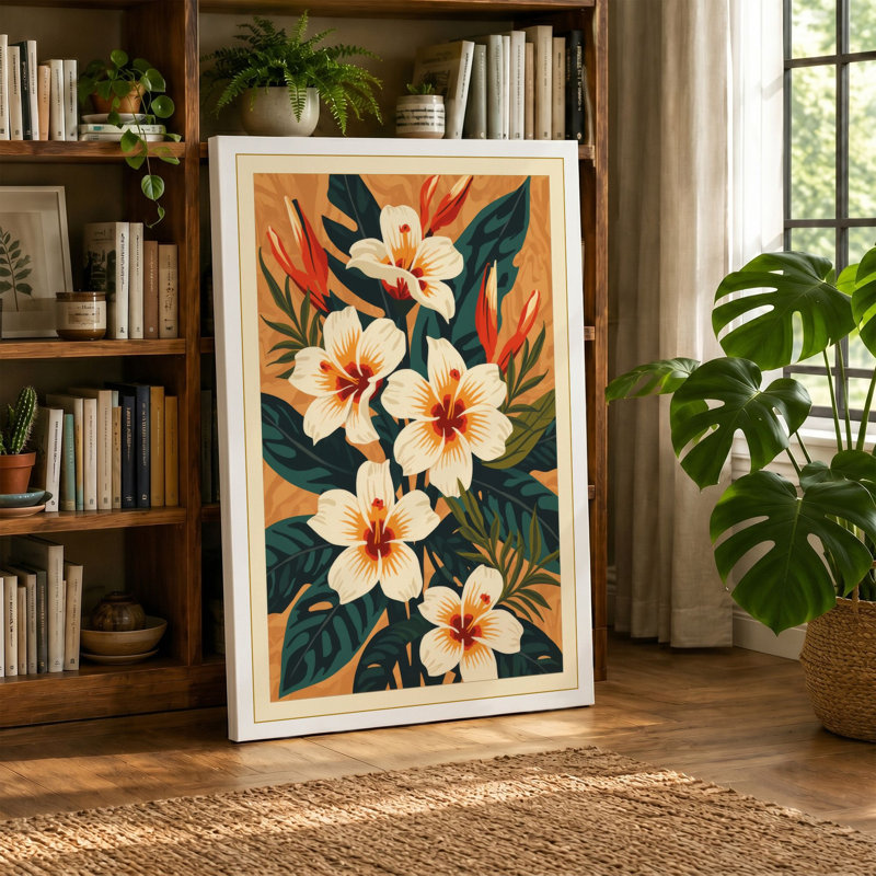 Blooms in Ochre Botanical - Wrapped Canvas, 24x16 - 61.0 x 40.6 cm, Terracotta Border