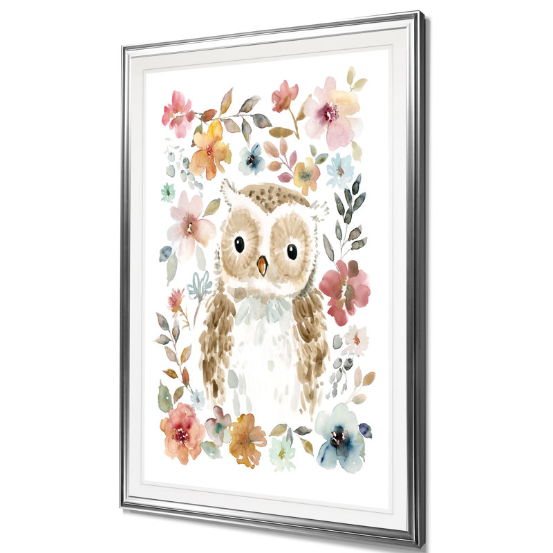 Fleurs et amis chouette - reproduction sur toile, H 36 po x l 26 po x P 1,5 po, Cadre argenté