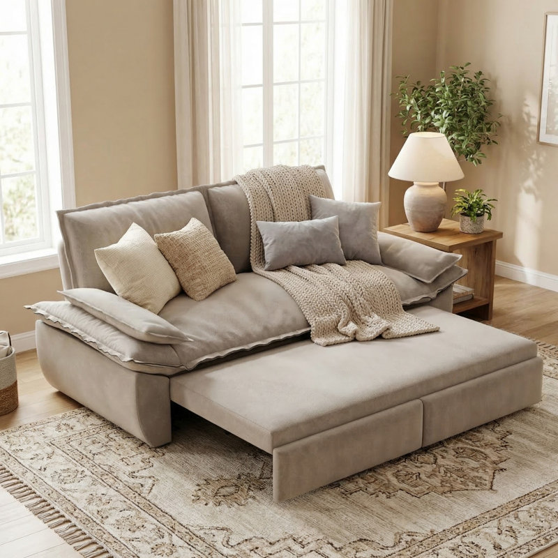 73.21" Queen Pull Out Sofa Bed, 3-in-1 Convertible Sleeper Sofa Bed for Living Room, Light Gray Velvet