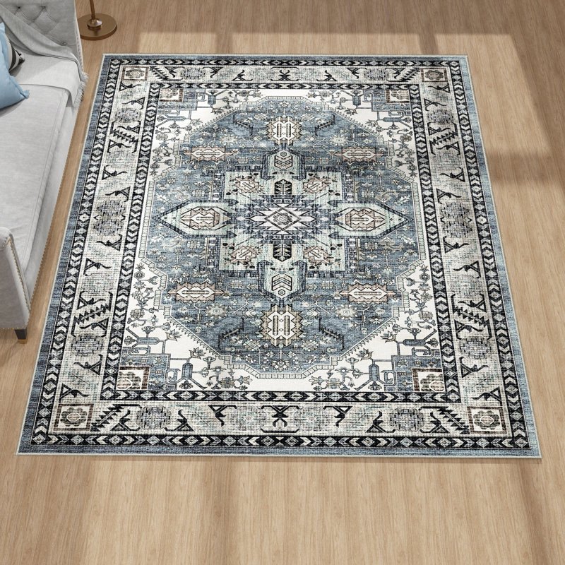 Bessi Machine Washable Oriental Blue Area Rug, Rectangle 9' x 12'